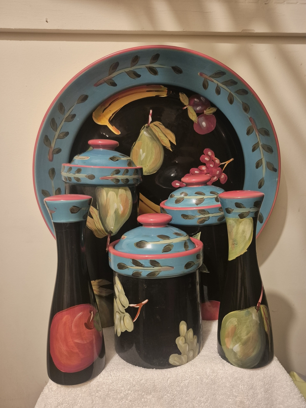 Hand-Painted Ceramic Droll Too Fruit Canister Set